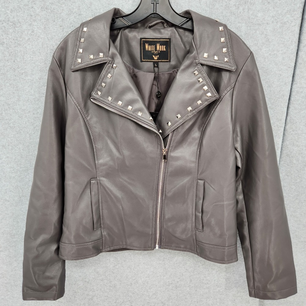White Mark Faux Leather Studded Grey Zip Up Jacket Womens Size L NWT